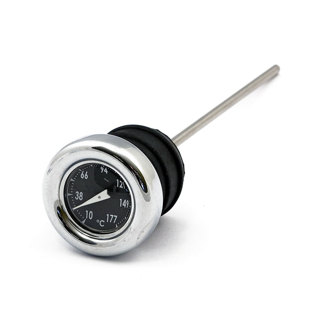 Oil tank dipstick with temperature gauge. Chrome black face