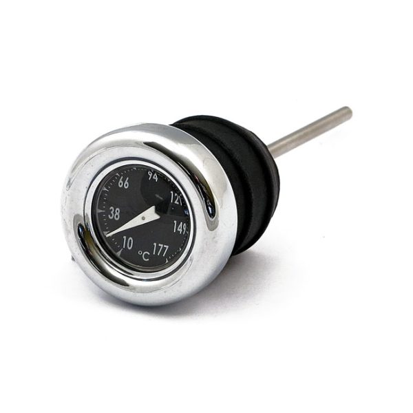 Oil tank dipstick with temperature gauge. Chrome black face