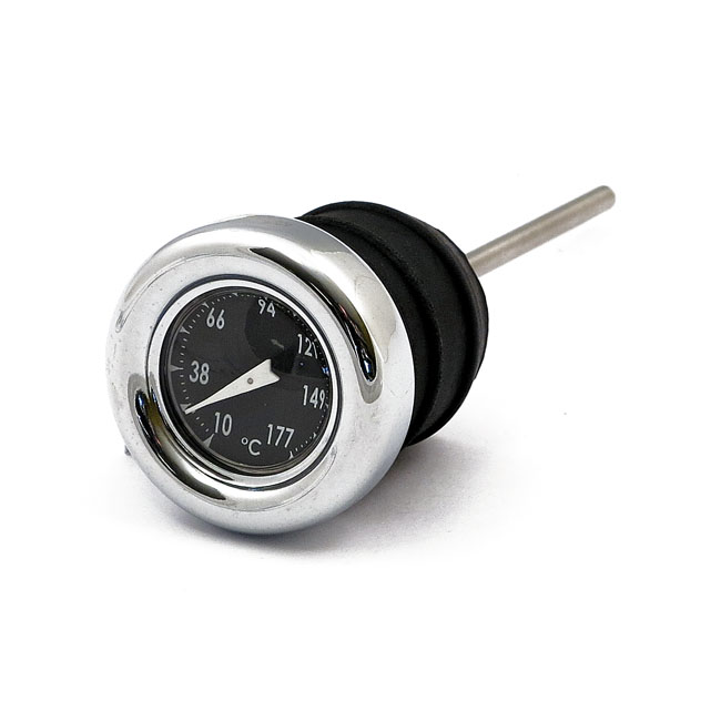 Oil tank dipstick with temperature gauge. Chrome black face