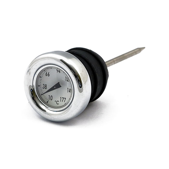 Oil tank dipstick with temperature gauge. Chrome white face