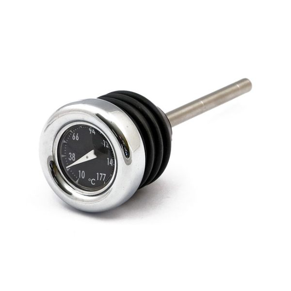 Oil tank dipstick with temperature gauge. Chrome black face