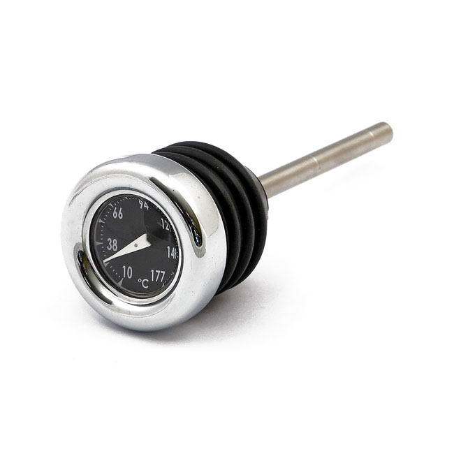 Oil tank dipstick with temperature gauge. Chrome black face