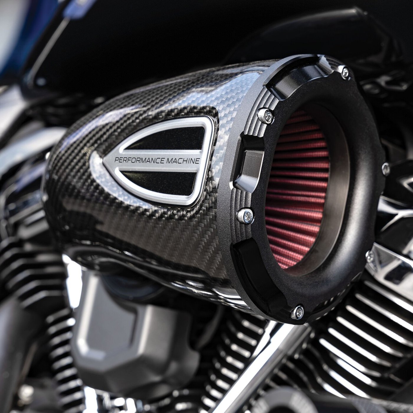 Performance Machine PM, C4 Series air cleaner. Black carbon fiber