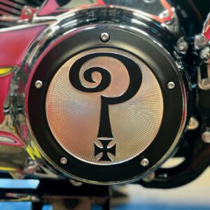 Indian Larry Motorcycles Indian Larry, 'Question Mark' derby cover. Matte black/clear
