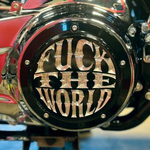 Indian Larry Motorcycles Indian Larry, 'FTW' derby cover. Gloss black/clear